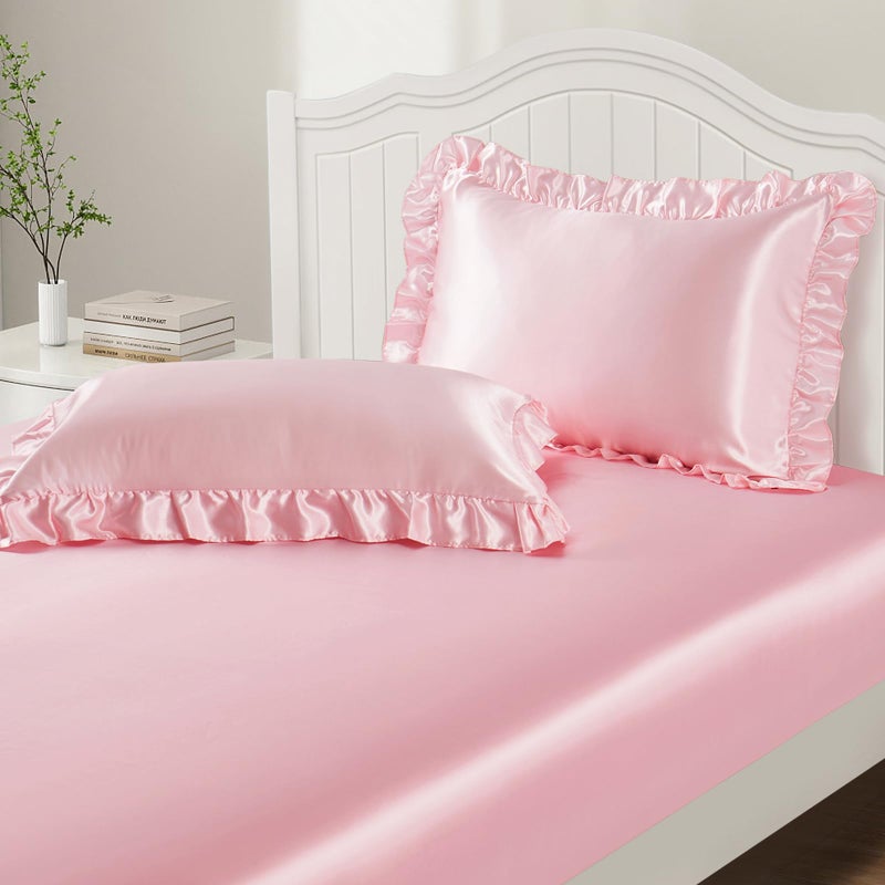 P Pothuiny 3-Piece Set Ruffle Satin Pillowcases & Full Fitted Sheet, Luxury Blush Pink Satin Fitted Sheet Silky Soft Cute Bedding Bedroom Dorm Decor, Wrinkle Free, 15 Inch Deep Pocket - Image 1
