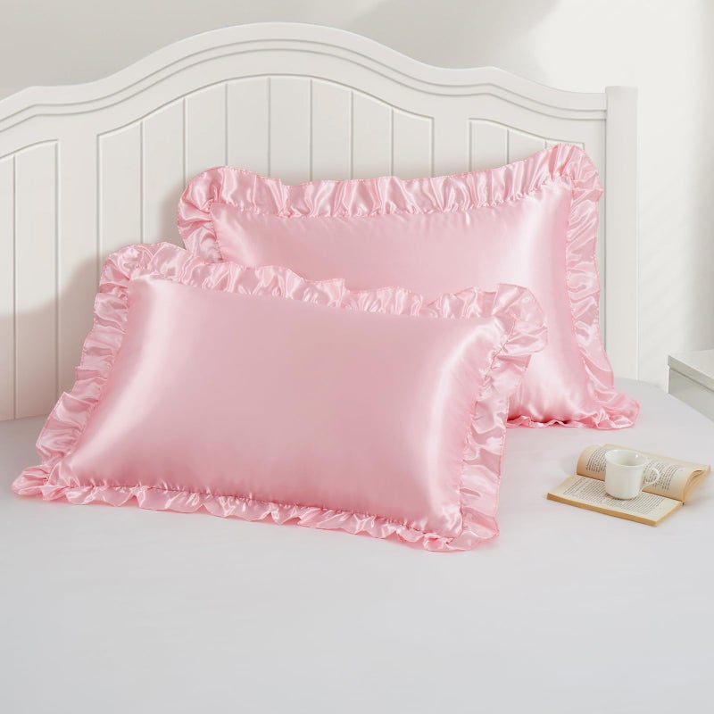 P Pothuiny 3-Piece Set Ruffle Satin Pillowcases & Full Fitted Sheet, Luxury Blush Pink Satin Fitted Sheet Silky Soft Cute Bedding Bedroom Dorm Decor, Wrinkle Free, 15 Inch Deep Pocket - Image 5