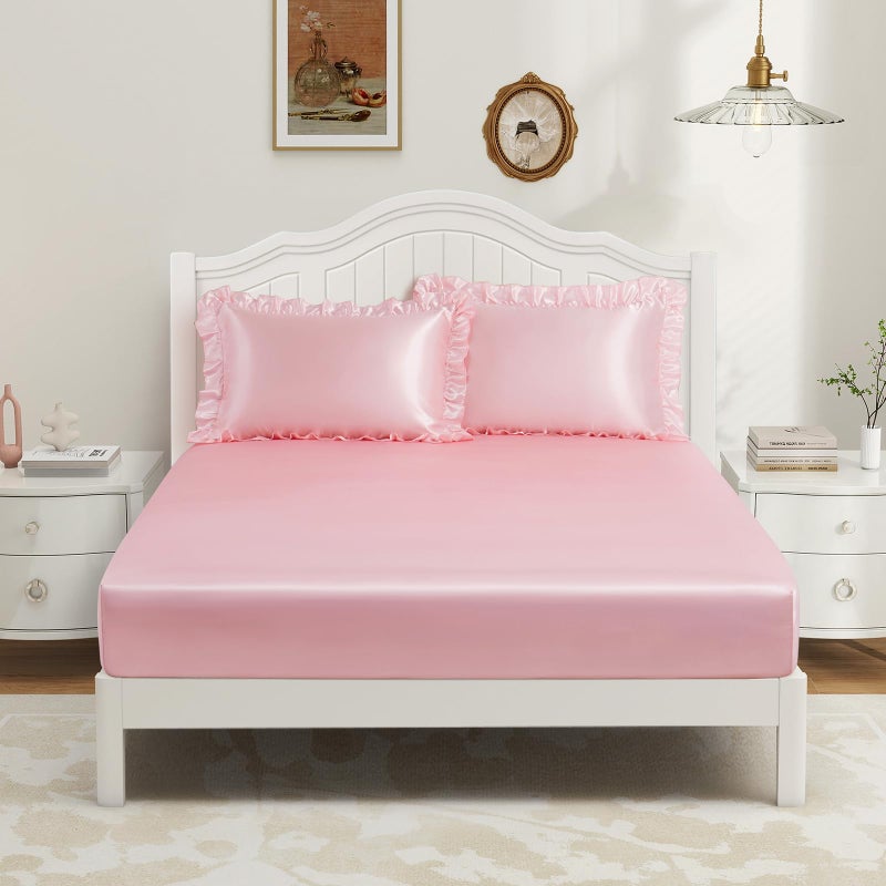 P Pothuiny 3-Piece Set Ruffle Satin Pillowcases & Full Fitted Sheet, Luxury Blush Pink Satin Fitted Sheet Silky Soft Cute Bedding Bedroom Dorm Decor, Wrinkle Free, 15 Inch Deep Pocket - Image 2