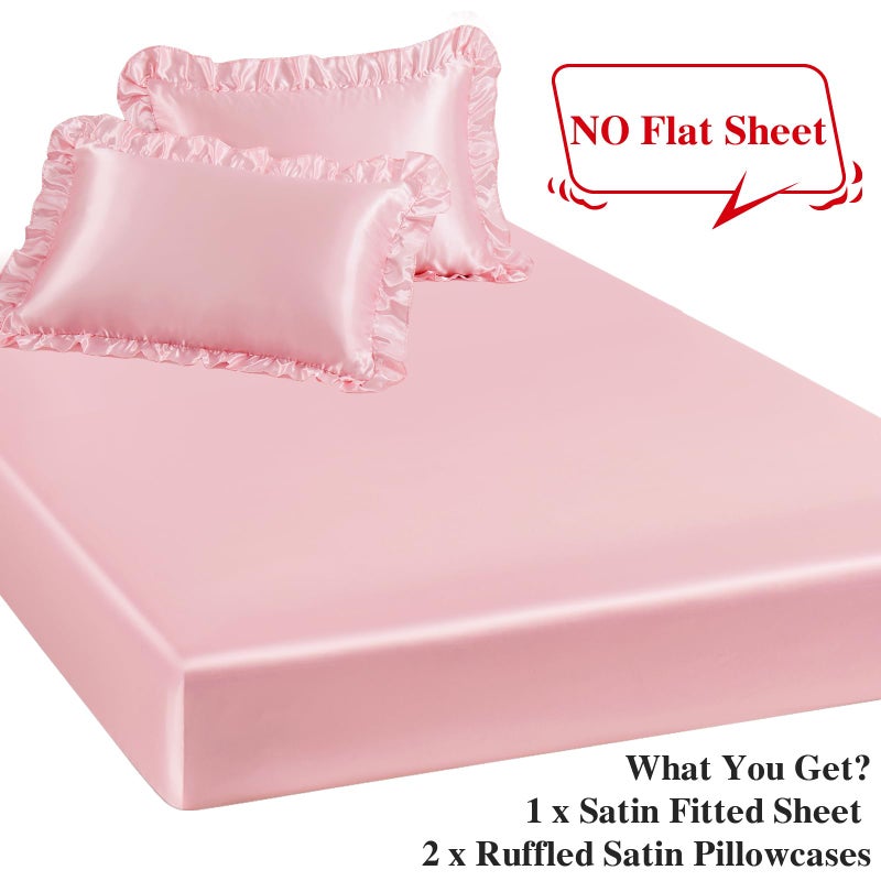 P Pothuiny 3-Piece Set Ruffle Satin Pillowcases & Full Fitted Sheet, Luxury Blush Pink Satin Fitted Sheet Silky Soft Cute Bedding Bedroom Dorm Decor, Wrinkle Free, 15 Inch Deep Pocket - Image 4