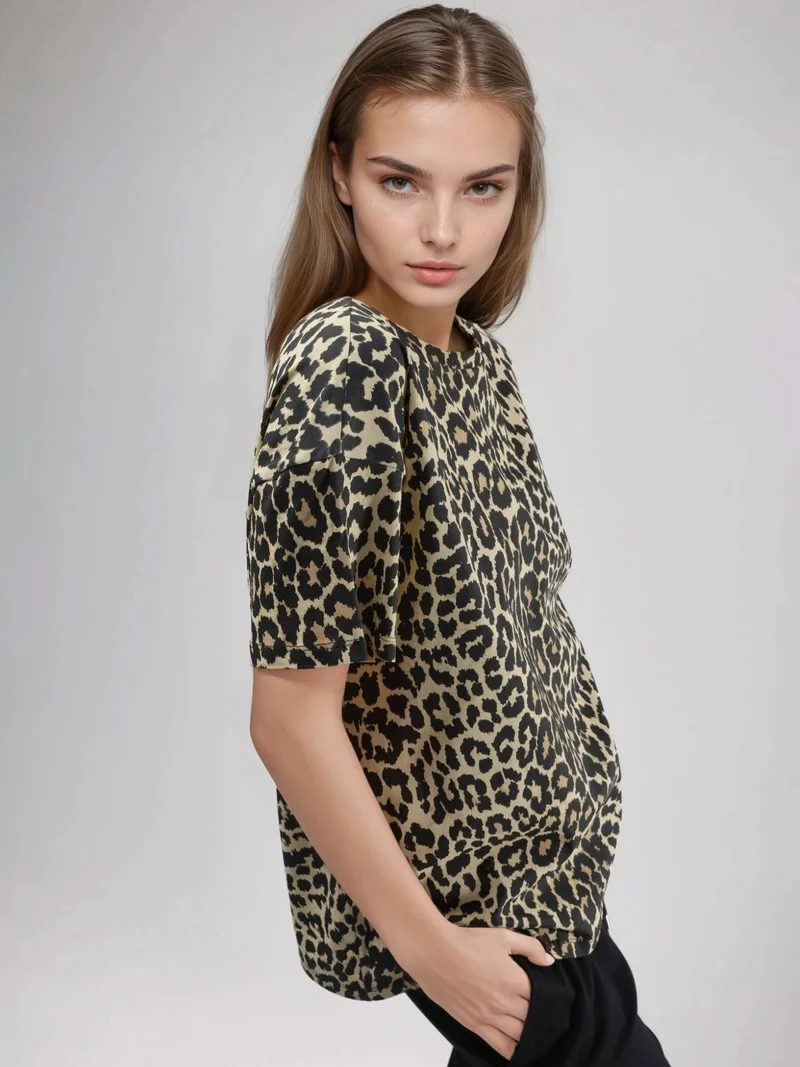 هيكاب Oversized Leopard Print Crew Neck T-Shirt