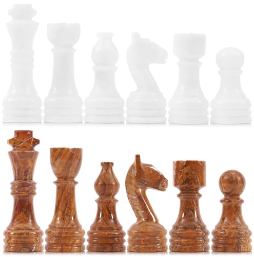 MARBLE RANGE Marble Chess Pieces 35 Inch King Handmade White and Dark Brown 32 Chess Figures for Board Games Suitable for Travel Games  Fathers Day - Image 1