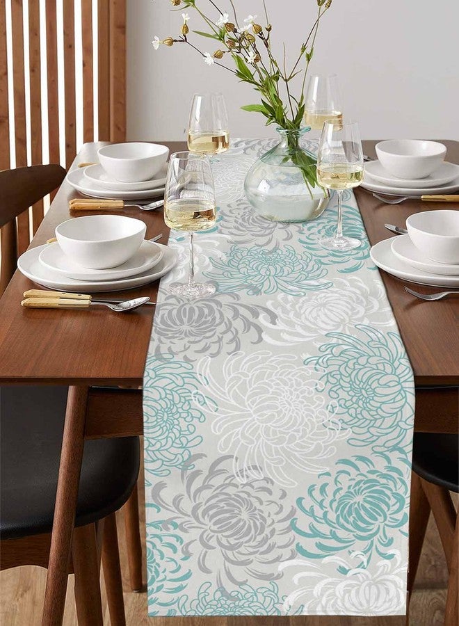 PIEPLE Aqua Chrysanthemum Flowers Table Runner-Cotton Linen-Long 13x72inches Dresser Scarves,Floral Grey Tablerunner for Kitchen Coffee/Dining/End Table Bedroom Living Room,Scarf Decor for Holiday - Image 4