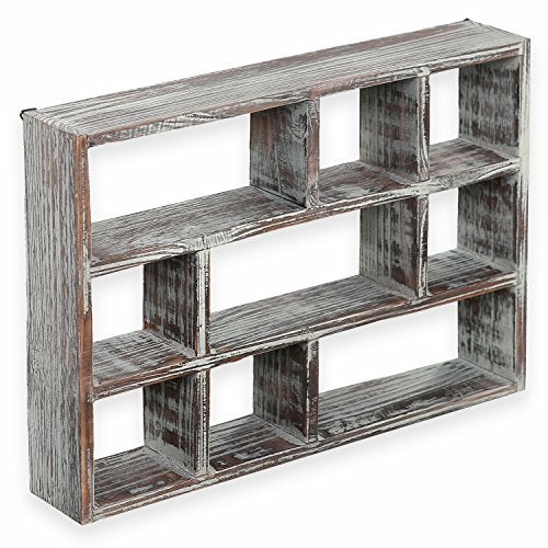 MyGift 9 Compartment Rustic Torched Solid Wood Shadow Box Wall Mountable Curio Display Case Freestanding or Floating Shelf for Collectible Figurines Succulents - Image 1