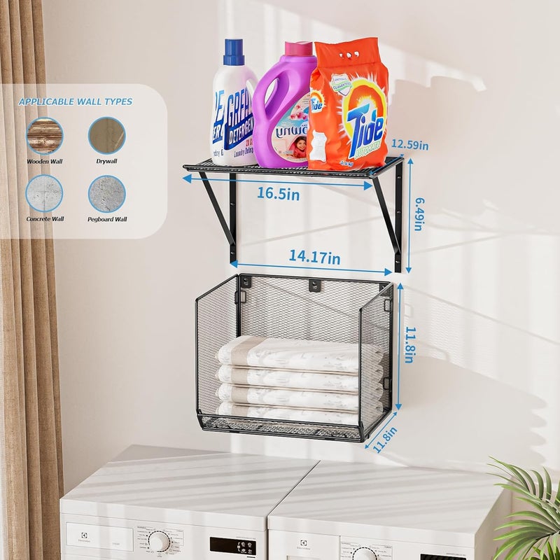 BigPonPon 2 Pack Laundry Room Shelves Organization and Storage,Wall Mounted Clothes Drying Rack with Wire Mesh Basket Over Washer and Dryer, (Black, 2 Pack) - Image 2