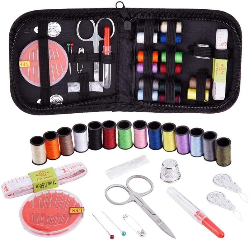 PRAMANTA Sewing Kit Included 14 Sewing Thread 10 Needles Seam Ripper Measuring Tape Scissors Thimbles 2 Needle Threader 2 Color Pins 3 White Spare Buttons and Storage Bag Sui Dhaga kit 1Set