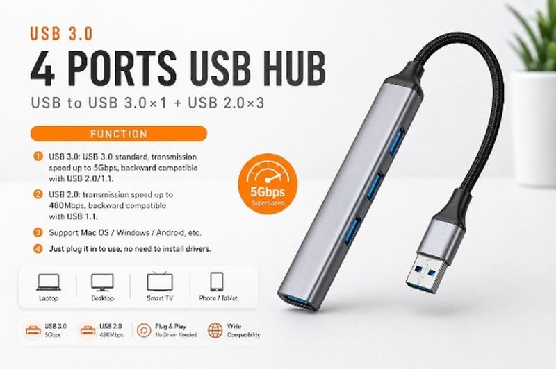 4 Port USB 3.0 Hub – High Speed USB Splitter with Data Transfer up to 5Gbps – 1 USB 3.0 Port and 3 USB 2.0 Ports – Plug and Play No Driver Needed – Compatible with Laptop, PC and Tablet – Practical Everyday Use - Image 2