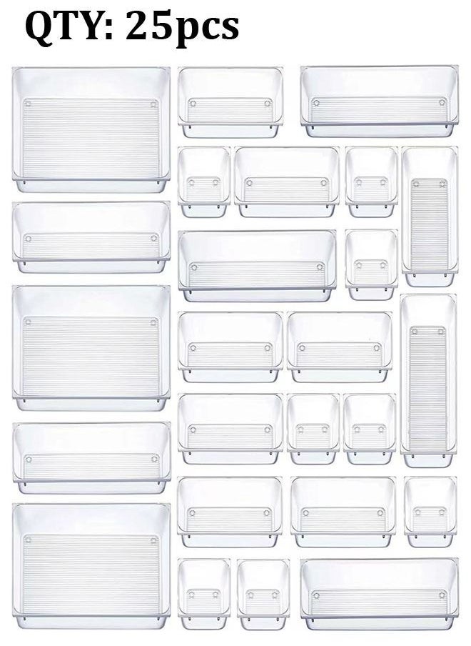 C&C Home - 25 Pieces Clear Plastic Drawer Organizer Set Desk Drawer Dividers Storage Bins Separation Box for Makeup Jewelry Storage Tray Office Desk Bathroom and Kitchen - Image 1