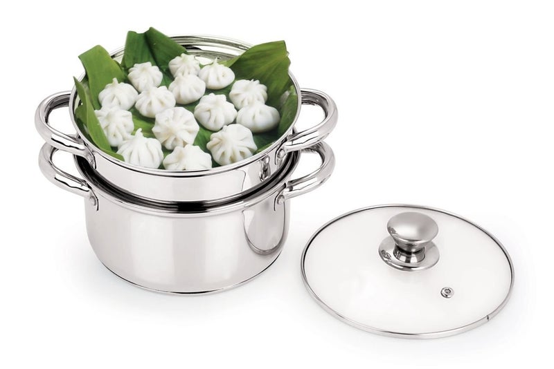 Pristine Stainless Steel Tri Ply Induction Base 2 Tier Multi Purpose SteamerModak Maker with Glass Lid 18cm Silver - Image 2