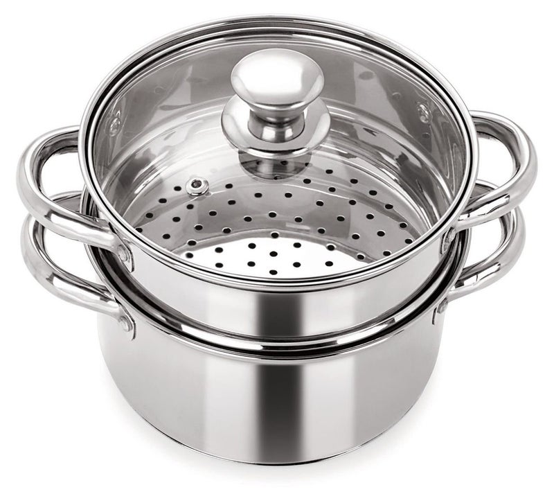 Pristine Stainless Steel Tri Ply Induction Base 2 Tier Multi Purpose SteamerModak Maker with Glass Lid 18cm Silver - Image 1