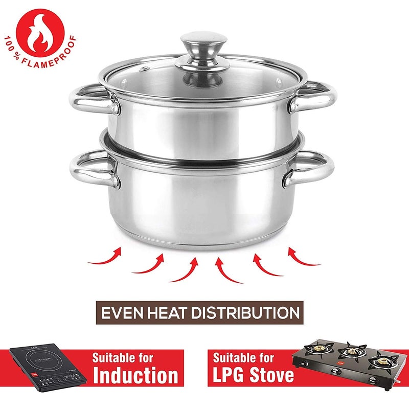 Pristine Stainless Steel Tri Ply Induction Base 2 Tier Multi Purpose SteamerModak Maker with Glass Lid 18cm Silver - Image 4