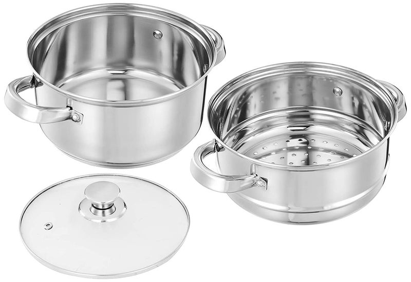 Pristine Stainless Steel Tri Ply Induction Base 2 Tier Multi Purpose SteamerModak Maker with Glass Lid 18cm Silver - Image 3