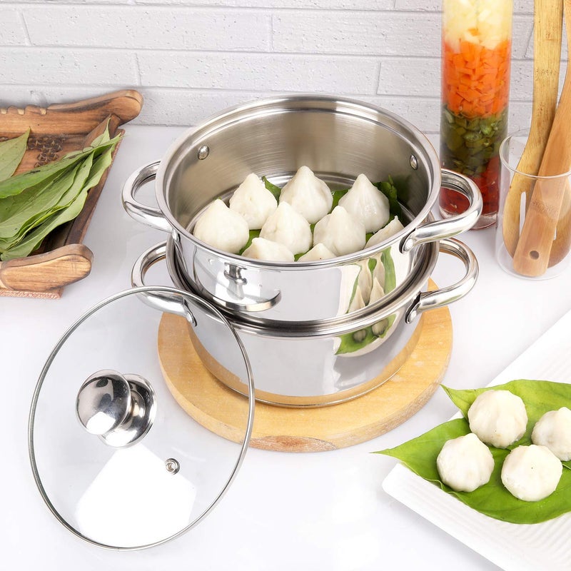 Pristine Stainless Steel Tri Ply Induction Base 2 Tier Multi Purpose SteamerModak Maker with Glass Lid 18cm Silver - Image 5