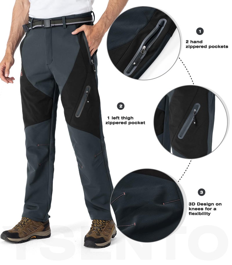 Ysento Men'S Fleece Lined Ski Snow Pants Winter Waterproof Softshell Insulated Hiking Cargo Pants Grey Size 34 - Image 4