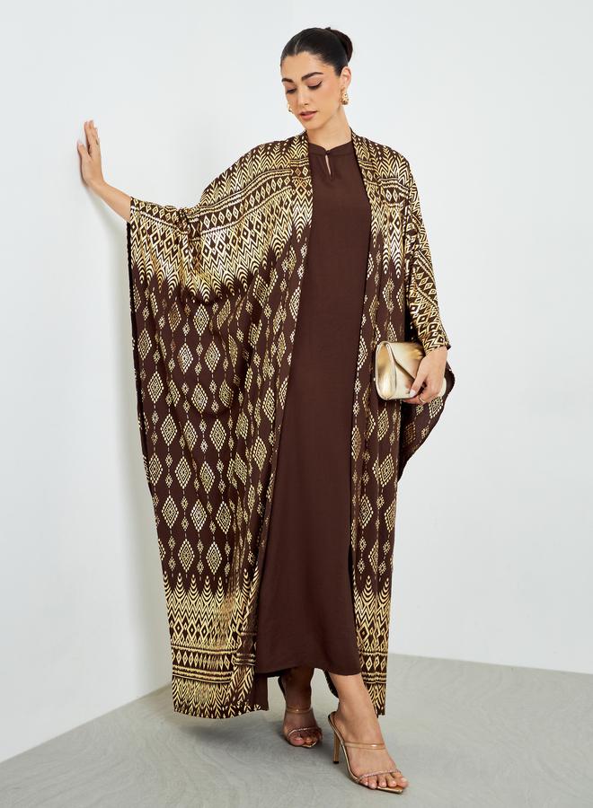 Amirah Foil Print Front Open Kaftan Style Abaya and Dress Modest Set - Image 1