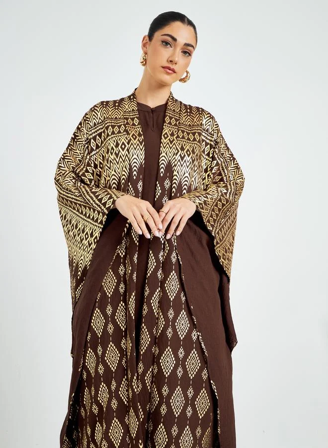 Amirah Foil Print Front Open Kaftan Style Abaya and Dress Modest Set