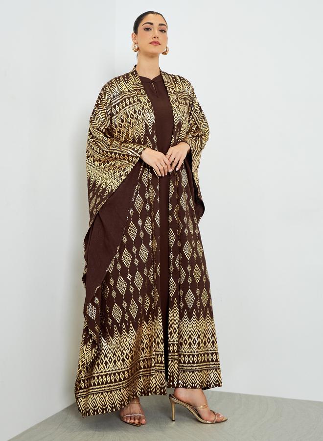 Amirah Foil Print Front Open Kaftan Style Abaya and Dress Modest Set - Image 3