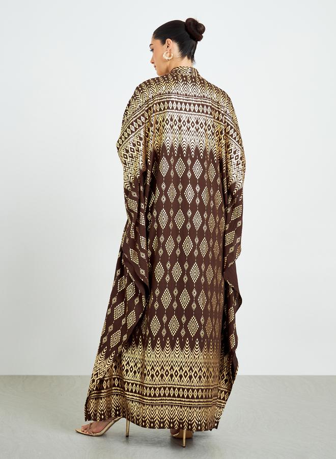 Amirah Foil Print Front Open Kaftan Style Abaya and Dress Modest Set - Image 5