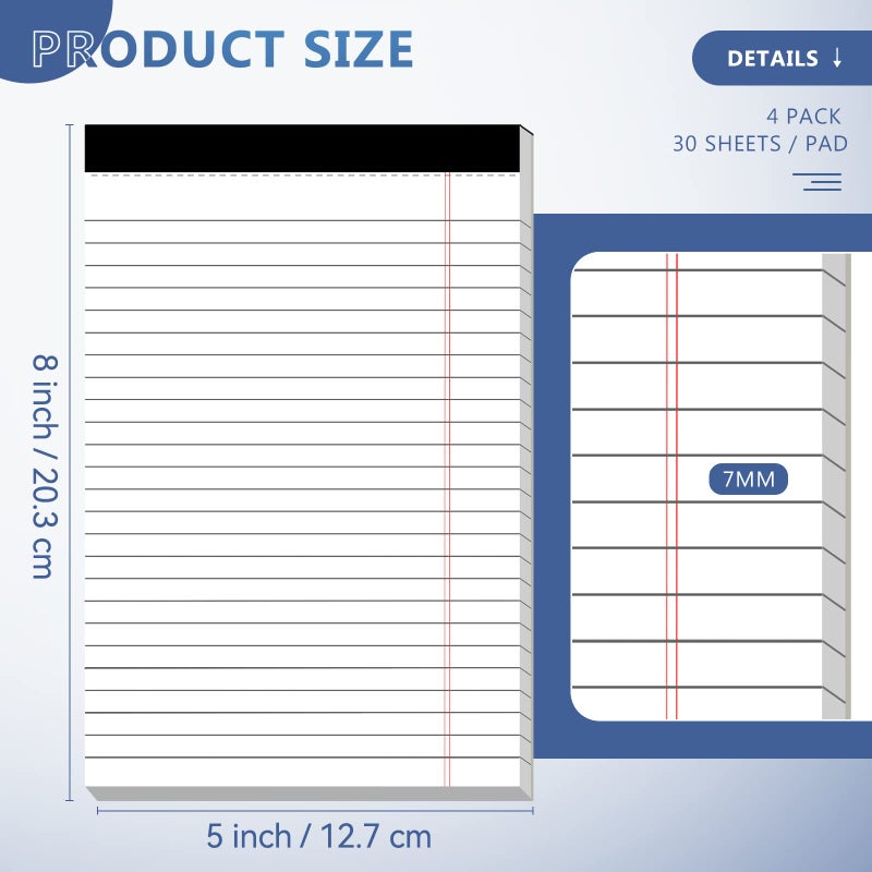 Nichela 5" x 8" Note Pads 4 Pack of Legal Pads 21lb Notepad College Ruled Legal Pad 30 Sheets Perforated Small Writing Pads Double-Side Printed Pad of Paper for School, College, Office - Image 2