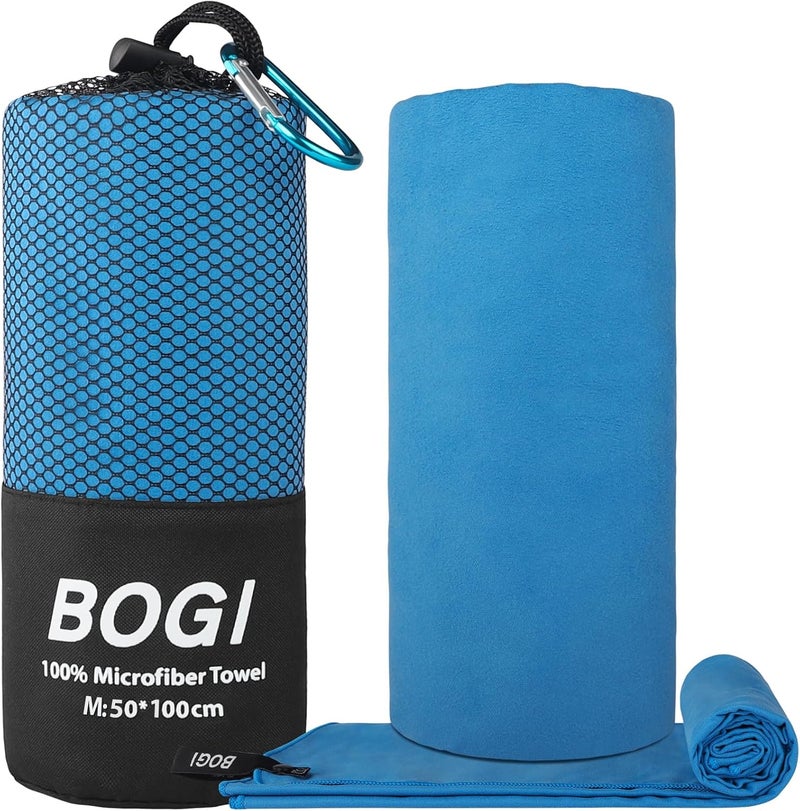 BOGI منشفة سفر رياضية من الألياف الدقيقة BOGI - منشفة سريعة الجفاف، منشفة تخييم خفيفة وناعمة من الألياف الدقيقة، منشفة سفر مدمجة وماصة للتخييم والجيم والشاطئ والحمام واليوجا والسباحة والتنزه (M:40''x20''-أزرق) - Image 2