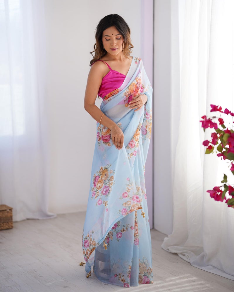 Kalaanj Floral Printed Sarees | Everyday Wear Elegant Printed Sarees | Pastel Colour Sarees - Image 3