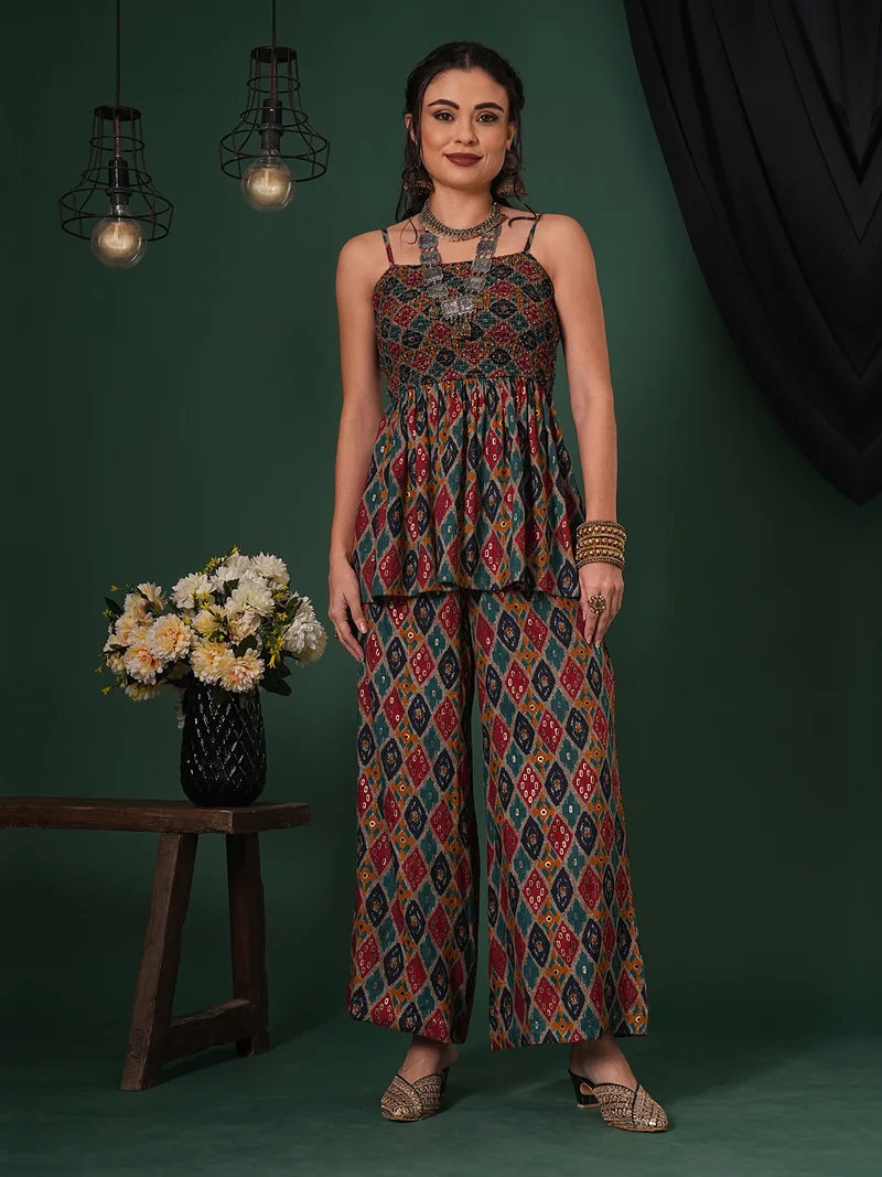 globus Women Indie Print Strappy Shoulder Smocked Peplum Top & Palazzos Fusion Co-Ord Set