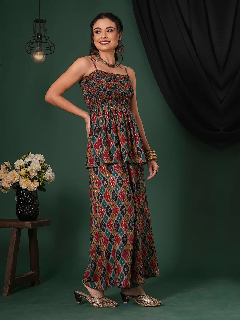 globus Women Indie Print Strappy Shoulder Smocked Peplum Top & Palazzos Fusion Co-Ord Set