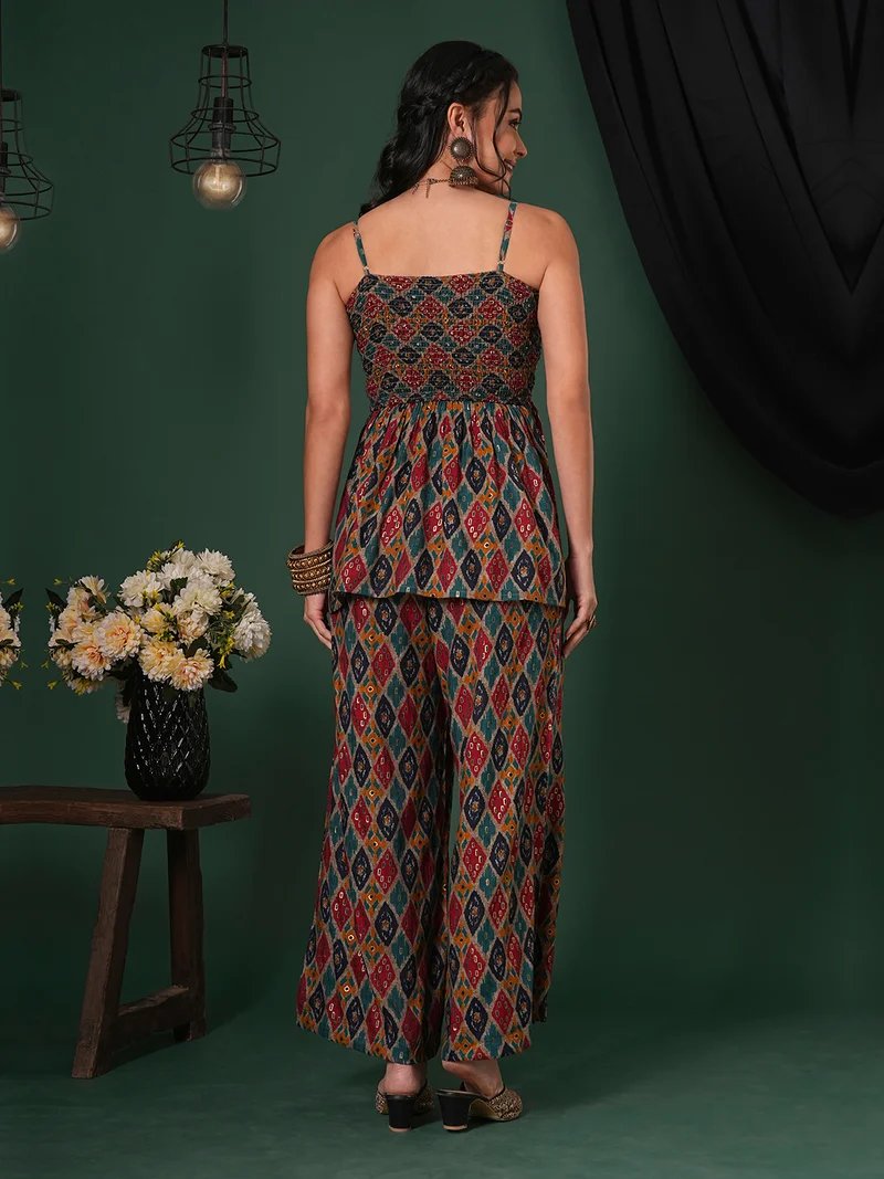 globus Women Indie Print Strappy Shoulder Smocked Peplum Top & Palazzos Fusion Co-Ord Set