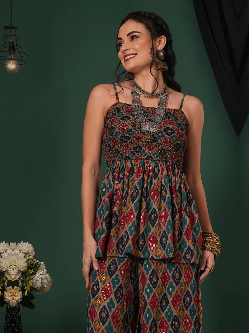 globus Women Indie Print Strappy Shoulder Smocked Peplum Top & Palazzos Fusion Co-Ord Set