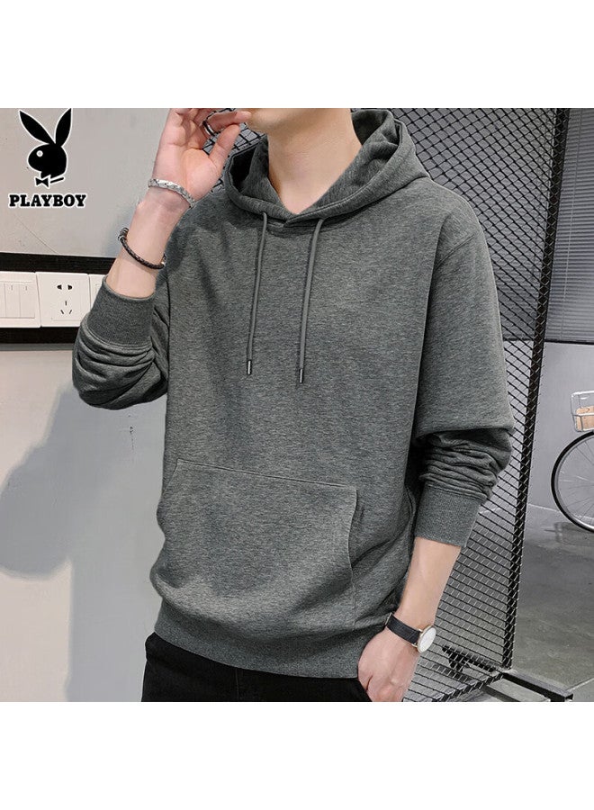 Playboy Men's Hoodie Spring Autumn Long Sleeve T-shirt Casual Loose Fit Jacket Dark Gray XL - Image 1
