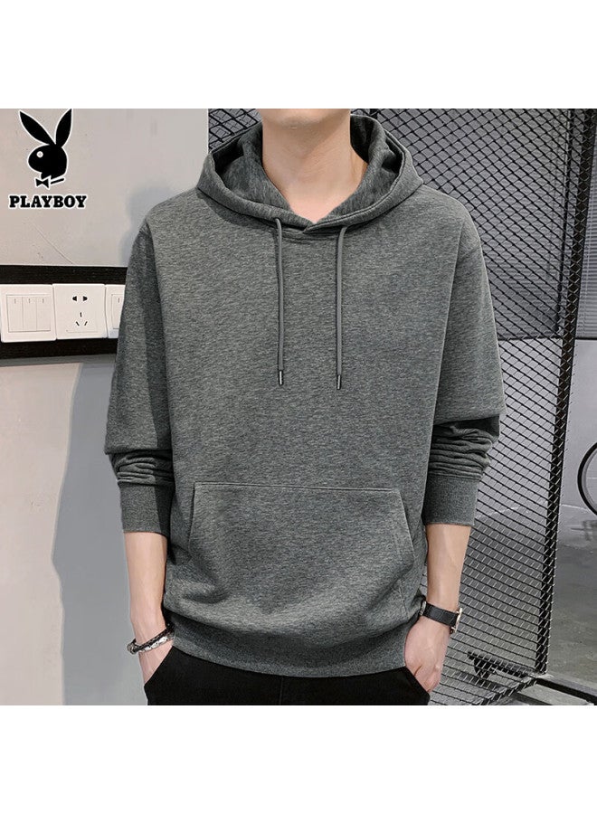 Playboy Men's Hoodie Spring Autumn Long Sleeve T-shirt Casual Loose Fit Jacket Dark Gray XL - Image 2