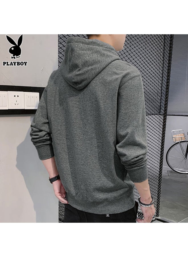 Playboy Men's Hoodie Spring Autumn Long Sleeve T-shirt Casual Loose Fit Jacket Dark Gray XL - Image 4