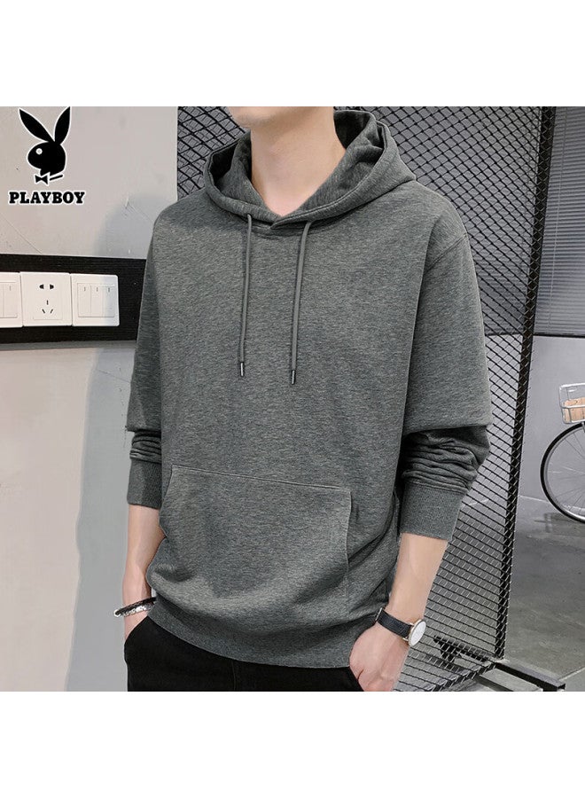 Playboy Men's Hoodie Spring Autumn Long Sleeve T-shirt Casual Loose Fit Jacket Dark Gray XL - Image 3