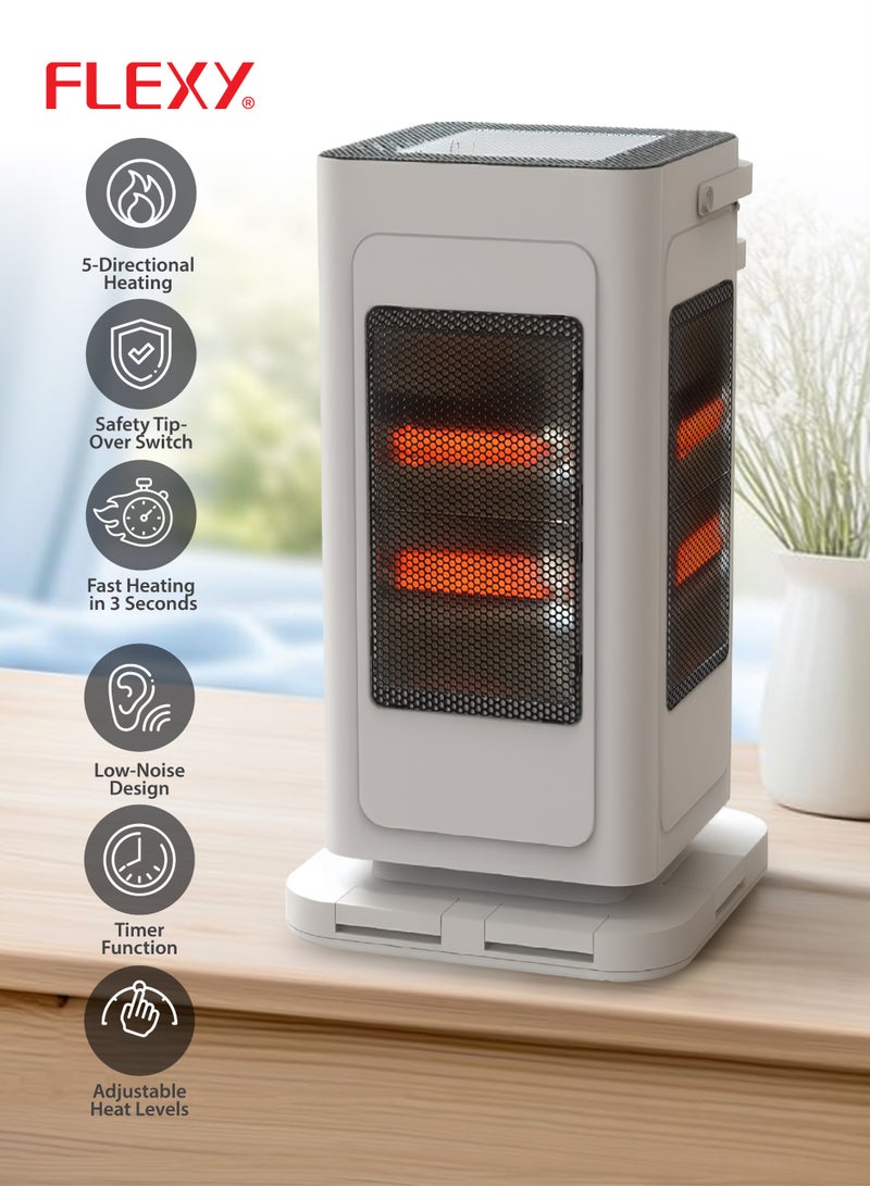 فليكسي مدفأة غرفة كوارتز FLEXY FQH2044W بقوة 2000 واط، مزودة بخاصية التسخين بخمسة اتجاهات، وتسخين سريع خلال 3 ثوانٍ، ومستويات حرارة قابلة للتعديل، ومؤقت، ومستوى ضوضاء منخفض، ونظام أمان ضد الانقلاب، وتقنية كورية، وتصميم بضمان لمدة عامين. - Image 3