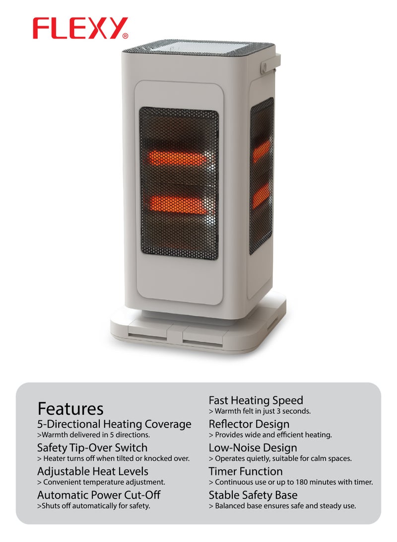 فليكسي مدفأة غرفة كوارتز FLEXY FQH2044W بقوة 2000 واط، مزودة بخاصية التسخين بخمسة اتجاهات، وتسخين سريع خلال 3 ثوانٍ، ومستويات حرارة قابلة للتعديل، ومؤقت، ومستوى ضوضاء منخفض، ونظام أمان ضد الانقلاب، وتقنية كورية، وتصميم بضمان لمدة عامين. - Image 4