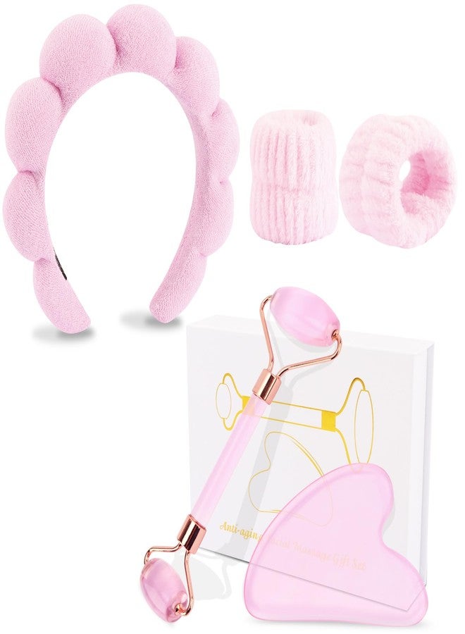 CUBACO Spa Headband and Wristband Set for Women with Ice Jade Roller and Gua Sha, Skin Care Set Tools Puffy Makeup Headband Teen Girl Gifts Trendy Stuff Hair Accessories for Women - Image 1