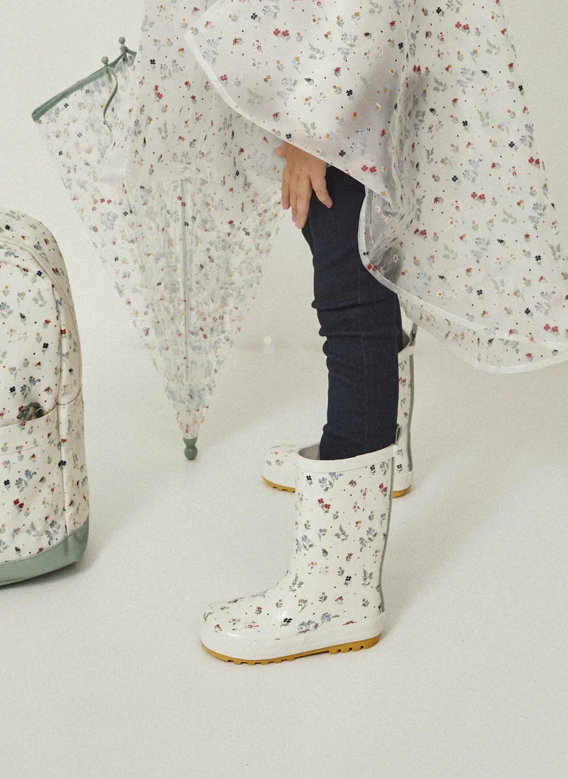 Zippy Rubber Wellies with Floral Motif for Girls, White/Yellow