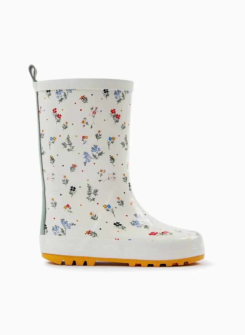 Zippy Rubber Wellies with Floral Motif for Girls, White/Yellow