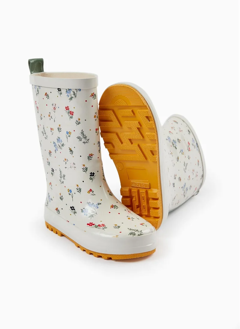Zippy Rubber Wellies with Floral Motif for Girls, White/Yellow