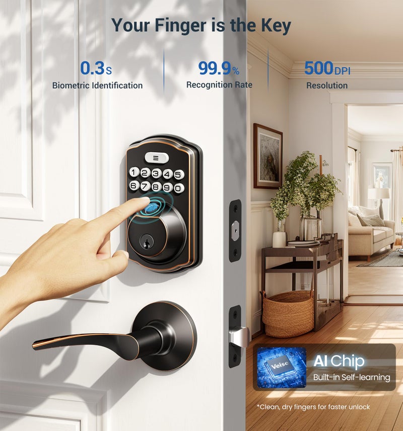 Veise Fingerprint Door Lock with 2 Lever Handles - Keyless Entry Door Lock, Electronic Keypad Deadbolt, Digital Smart Code & Front Handle Sets, Auto-Locking, Easy Installation, Oil Rubbed Bronze - Image 2