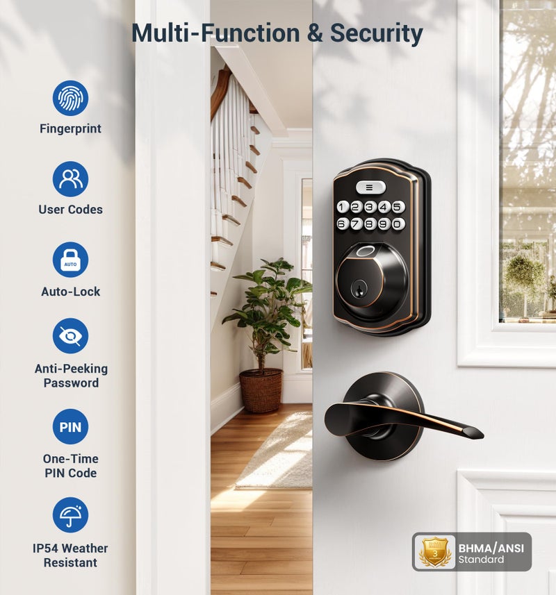 Veise Fingerprint Door Lock with 2 Lever Handles - Keyless Entry Door Lock, Electronic Keypad Deadbolt, Digital Smart Code & Front Handle Sets, Auto-Locking, Easy Installation, Oil Rubbed Bronze - Image 4