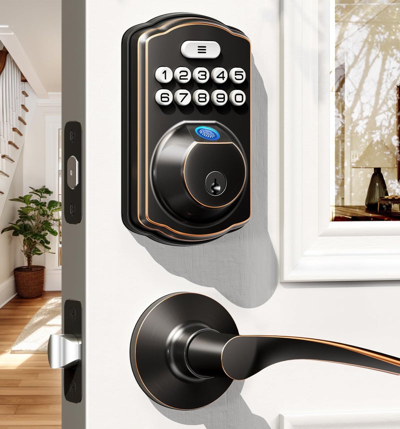 Veise Fingerprint Door Lock with 2 Lever Handles - Keyless Entry Door Lock, Electronic Keypad Deadbolt, Digital Smart Code & Front Handle Sets, Auto-Locking, Easy Installation, Oil Rubbed Bronze - Image 1