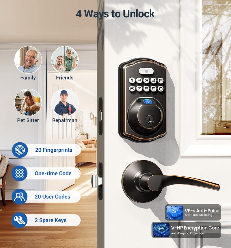 Veise Fingerprint Door Lock with 2 Lever Handles - Keyless Entry Door Lock, Electronic Keypad Deadbolt, Digital Smart Code & Front Handle Sets, Auto-Locking, Easy Installation, Oil Rubbed Bronze - Image 3