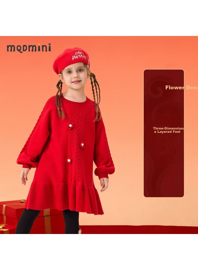 Mqdmini Girls' Red Dress Children's Sweater Skirt New Sweet Lace Hem Knitted Dress