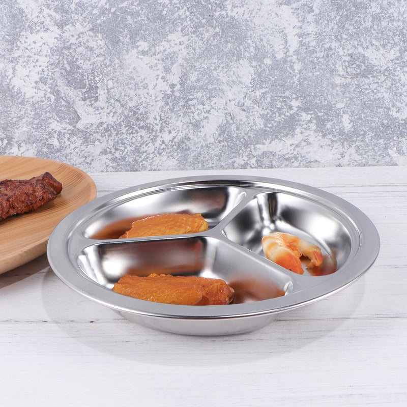 2pcs 20CM 304 Stainless Steel Fast Food Divided Dish Three Grids Round Serving Plate for Dining Hall - Image 1