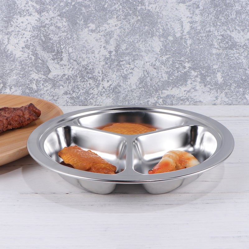 2pcs 20CM 304 Stainless Steel Fast Food Divided Dish Three Grids Round Serving Plate for Dining Hall - Image 4
