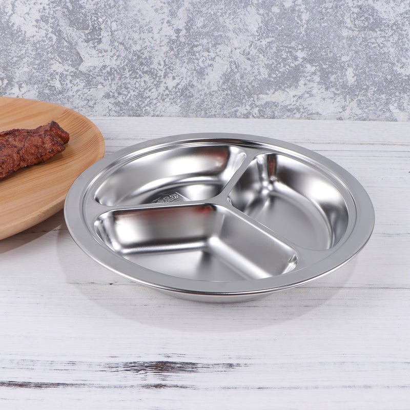 2pcs 20CM 304 Stainless Steel Fast Food Divided Dish Three Grids Round Serving Plate for Dining Hall - Image 3