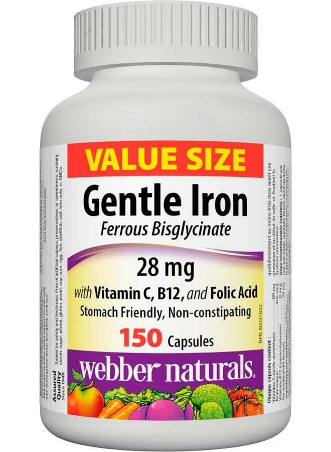 Webber Naturals Gentle Iron Supplement with Vitamin C, B12 and Folic Acid, 28 mg, 150 Capsules, Stomach-Friendly, Non-Constipating, Helps Prevent Iron Deficiency Anemia - Image 1