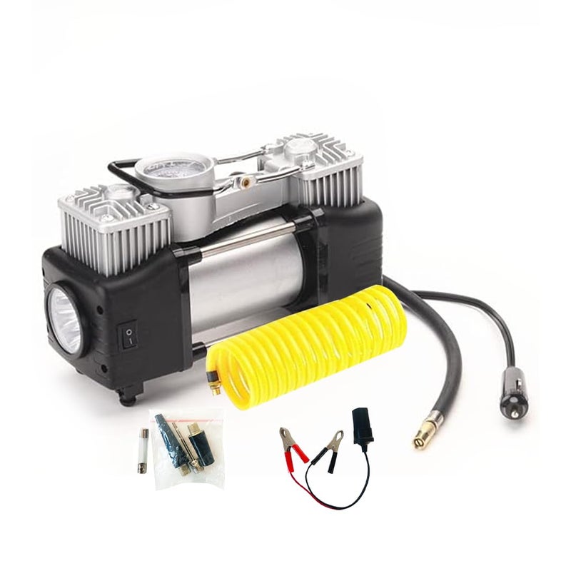 Mega Audio MEGAAUDIO MATI09 12V Double Cylinder Air Compressor Pump | 144W, 12A, 100 PSI with Auto Shut-Off, LED Light, and Multiple Valve Adaptors for Cars, Bikes, Motorcycles, Sports Balls, and Inflatables - Image 1
