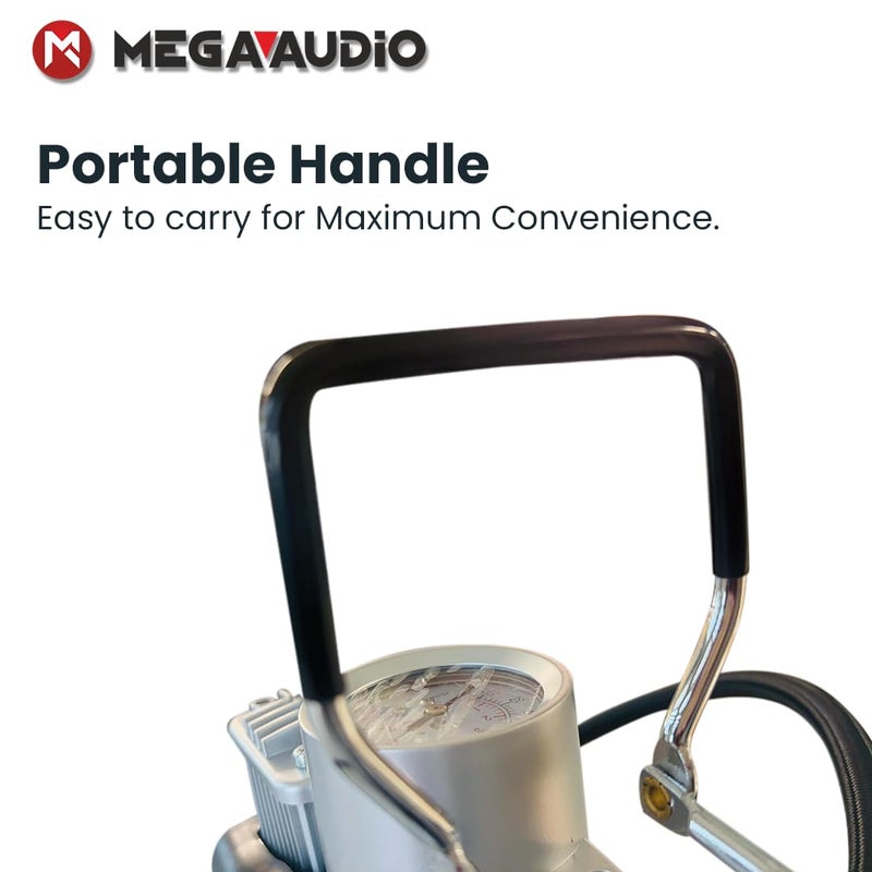 Mega Audio MEGAAUDIO MATI09 12V Double Cylinder Air Compressor Pump | 144W, 12A, 100 PSI with Auto Shut-Off, LED Light, and Multiple Valve Adaptors for Cars, Bikes, Motorcycles, Sports Balls, and Inflatables - Image 2